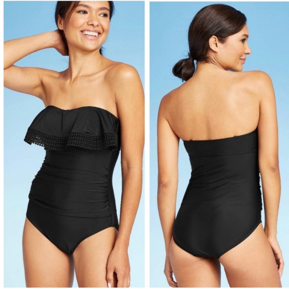 Black Kona Sol Crochet Flounce Bandeau Swimsuit